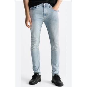 ZARA Mens 'Skinny Washed' Faded Denim Jeans Stretch Light Blue Size 32
